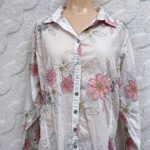 Ariat Floral Embroidered Western Shirt Coquette Pink White Long Sleeve XL